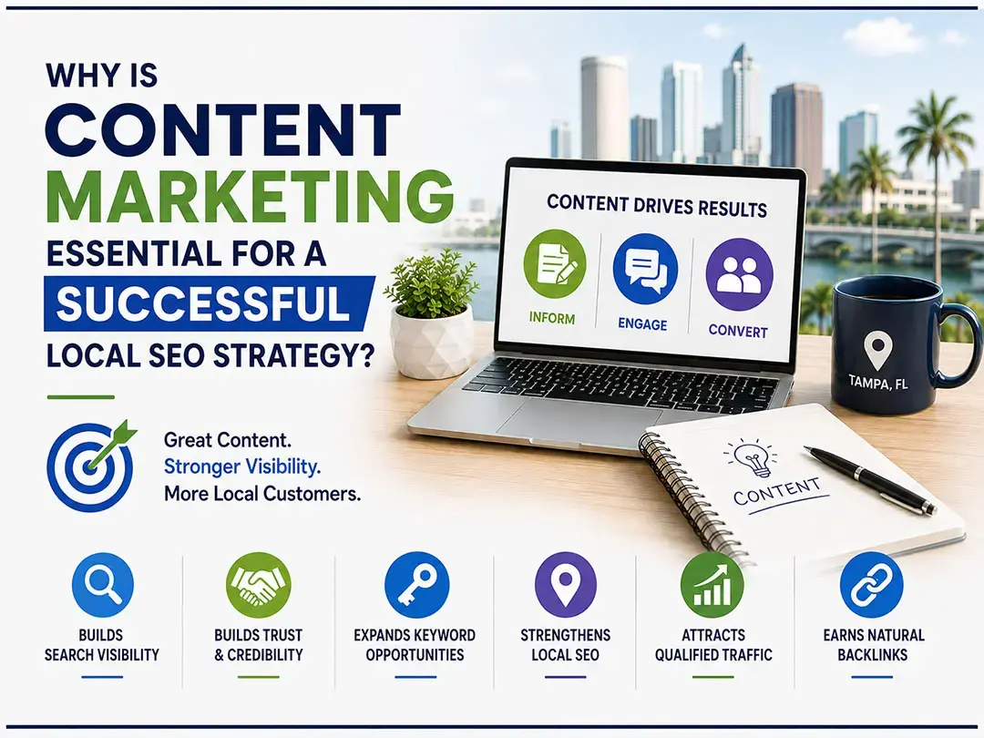 Why Is Content Marketing Essential for a Successful Local SEO Strategy? Desk with laptop showing content marketing icons, notebook labeled content, plant, and mug with tampa fl text