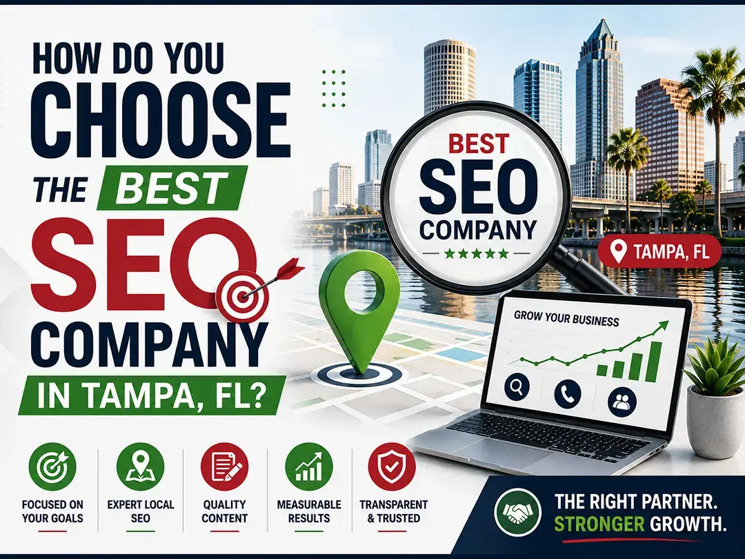 A digital graphic featuring a cityscape of Tampa, FL with tall buildings by the water. Text asks, 'How do you choose the best