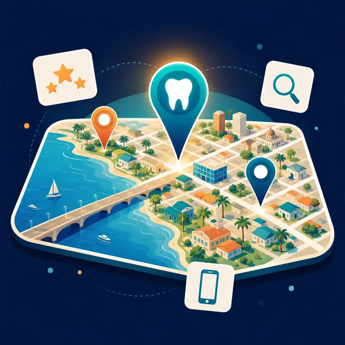 How Does Local SEO Bring More Patients to Your Dental Practice in Tampa Flat vector infographic of a stylized Florida bay city map with a bridge, palm trees, neighborhood blocks, three location pins including a glowing tooth marker, and floating icons representing reviews, search, and mobile dental marketing