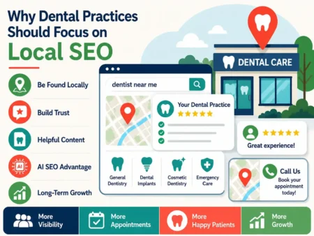 Illustration showing local SEO benefits for dental practices with icons and a dental care office
