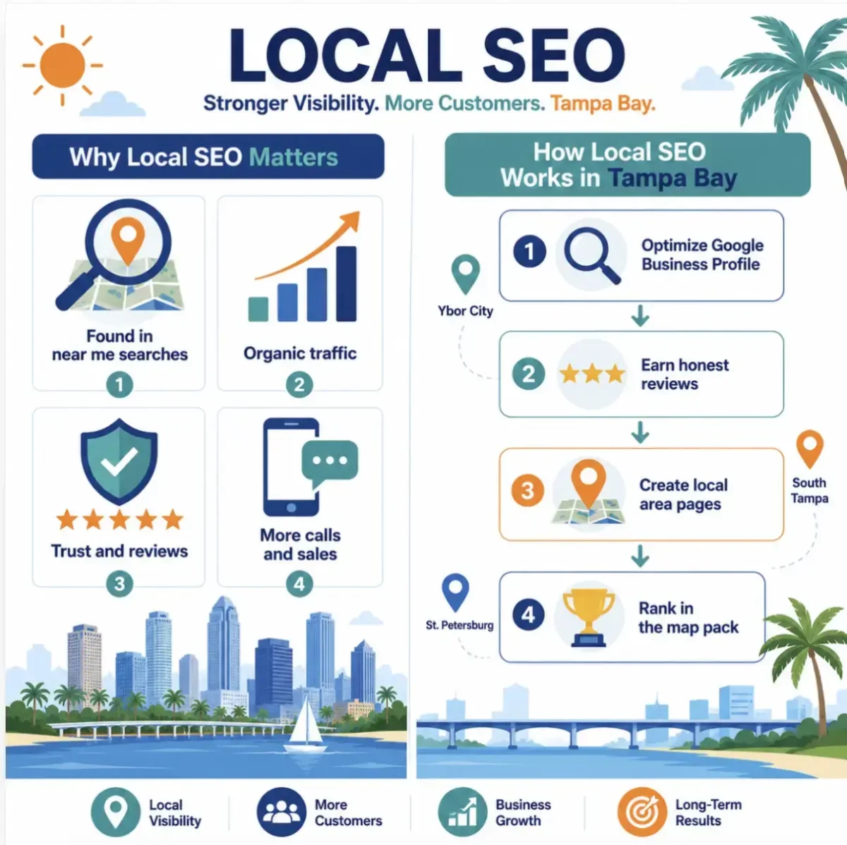 Infographic showing why local SEO matters and how it works in Tampa Bay with icons and a city skyline