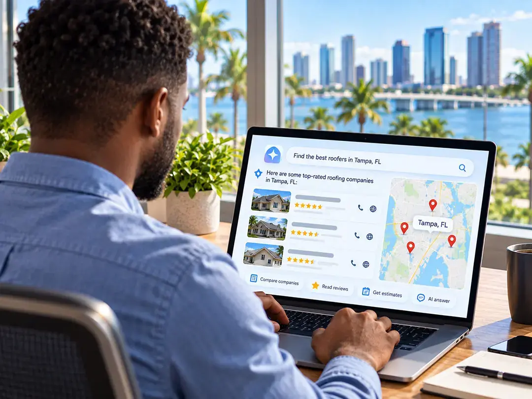 How Are AI Search Results Changing Local SEO for Service Businesses? Man using laptop to search for top-rated roofing companies in Tampa FL with map and reviews displayed