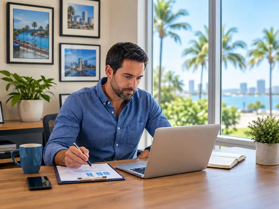 How to Build Backlinks in 2026 Without Paying for a Single One Man analyzing charts on clipboard while using laptop at wooden desk in office with tropical window view