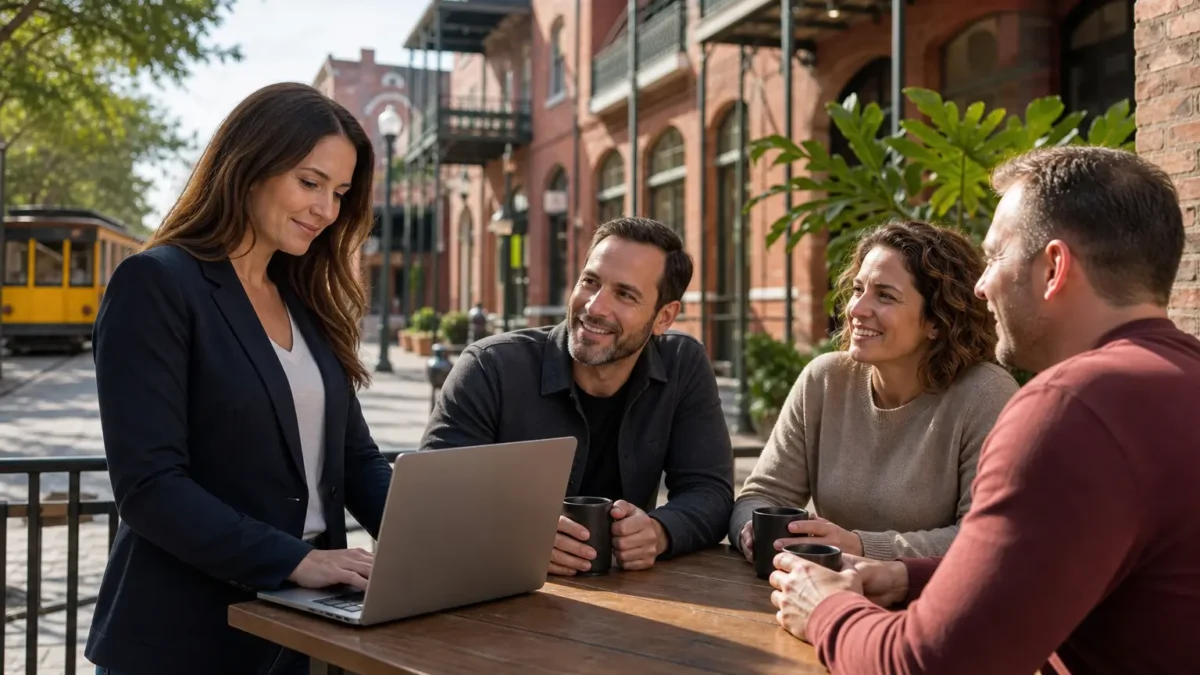 Why Did Our Tampa Internet Marketing Firm Join the Ybor Chamber of Commerce Businesswoman presenting on a laptop to three colleagues at an outdoor table in Tampa's historic Ybor City district